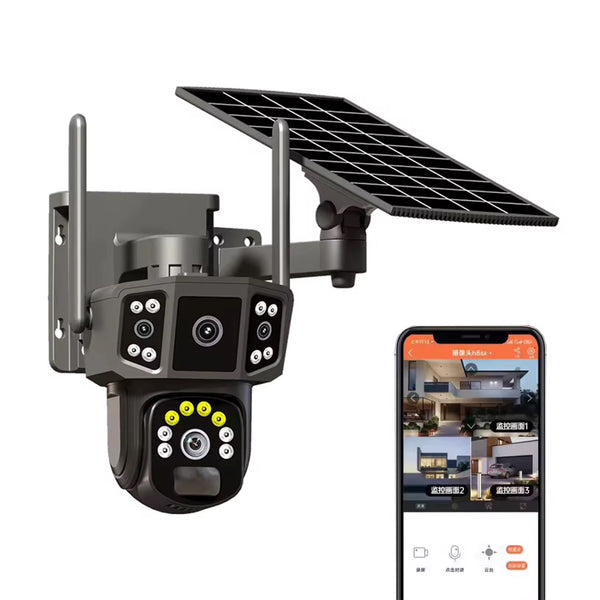 caméra de surveillance solaire à triple vision avec suivi automatique